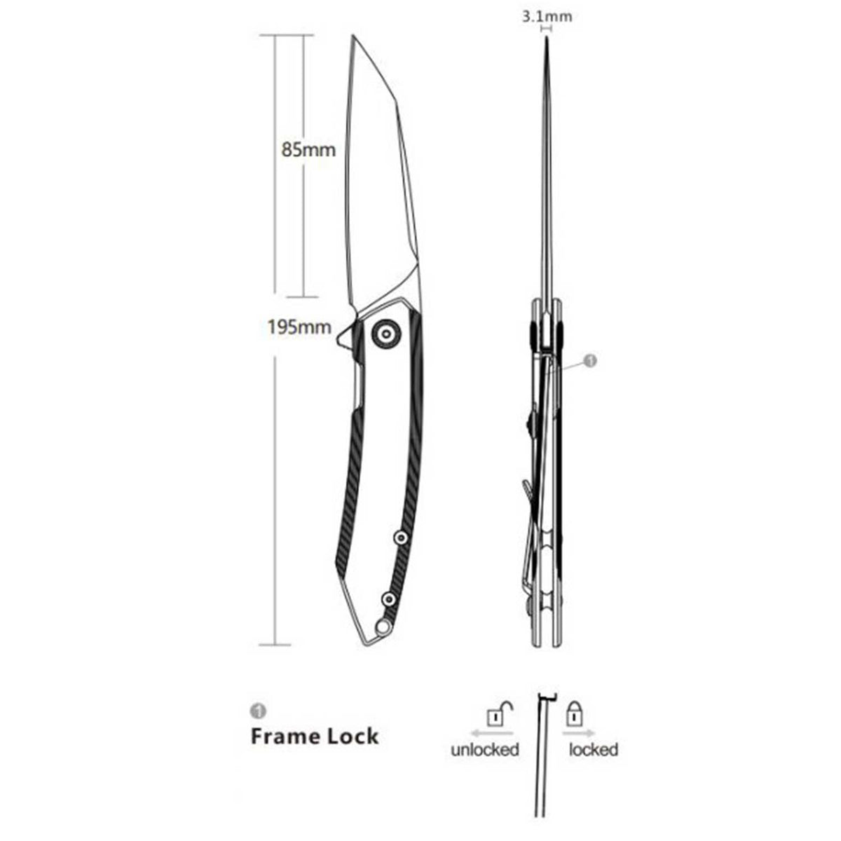Ruike P831S-SB – Stonewash Taschenmesser mit Reverse-Tanto Klinge & Tip-Up Clip – Detailansicht