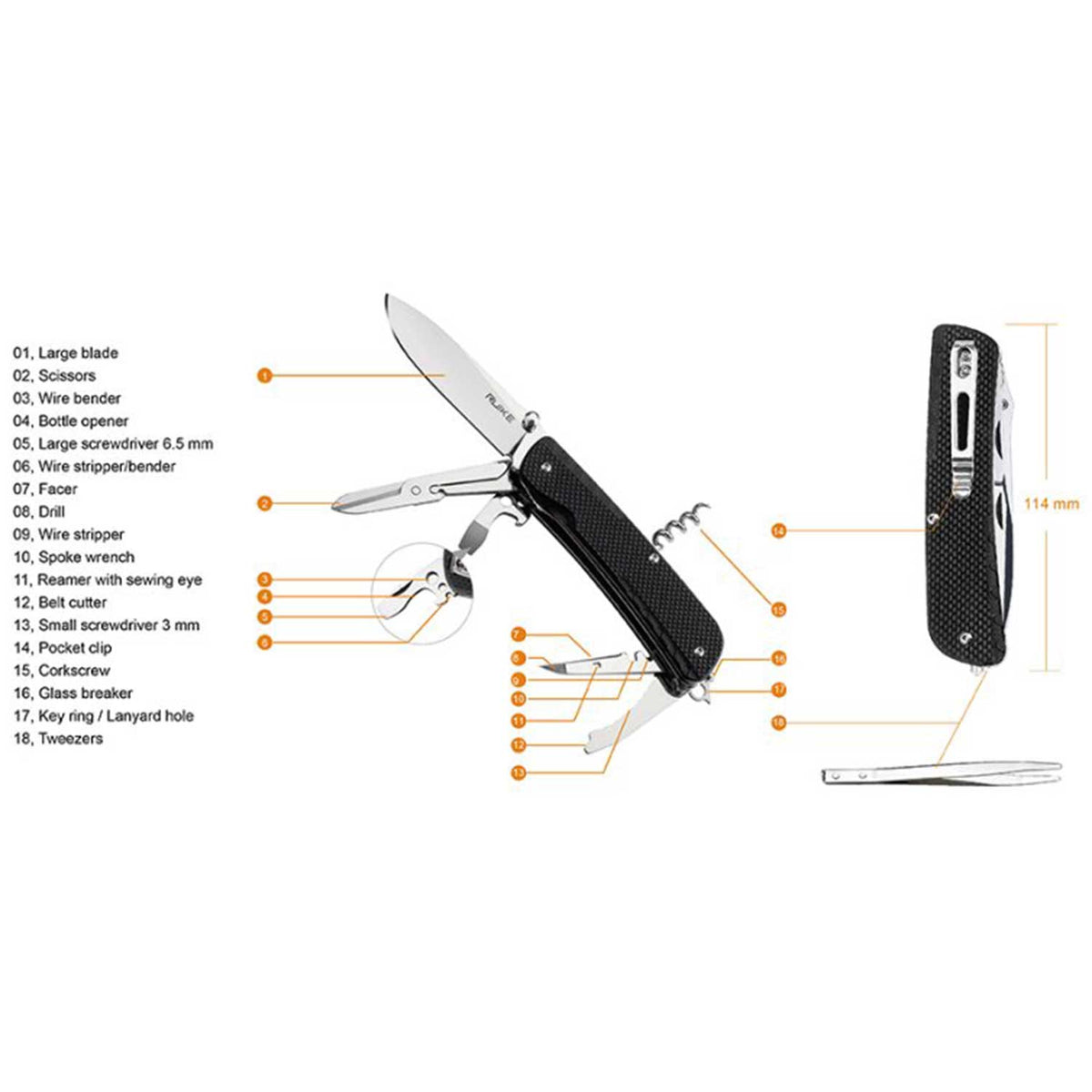 Ruike Trekker LD31 Black – Multitool Taschenmesser mit 15 Funktionen – Detailansicht