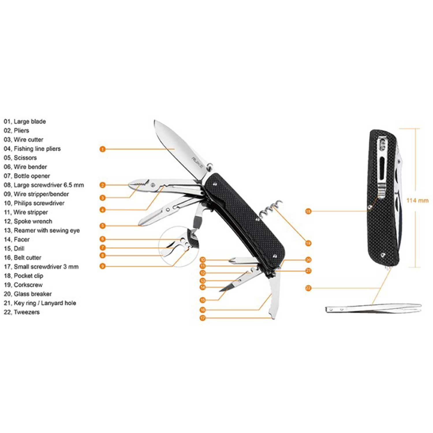 Ruike Trekker LD41 Black – Multitool Taschenmesser mit 18 Funktionen – Detailansicht