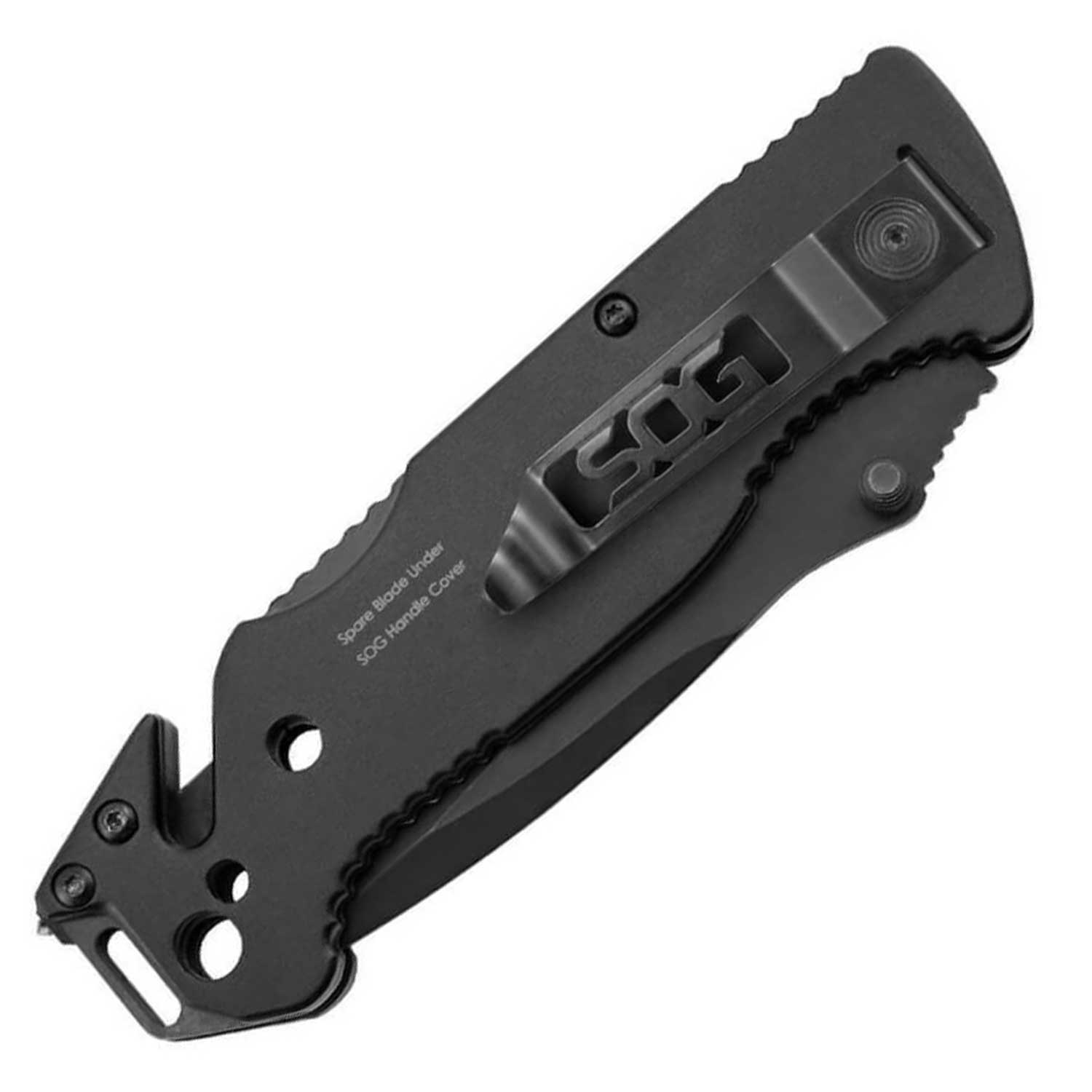 SOG Escape Black – Rettungsmesser mit Gurtschneider, Abisolierer und Glasbrecher – Farbvariante schwarz – Detailansicht 2