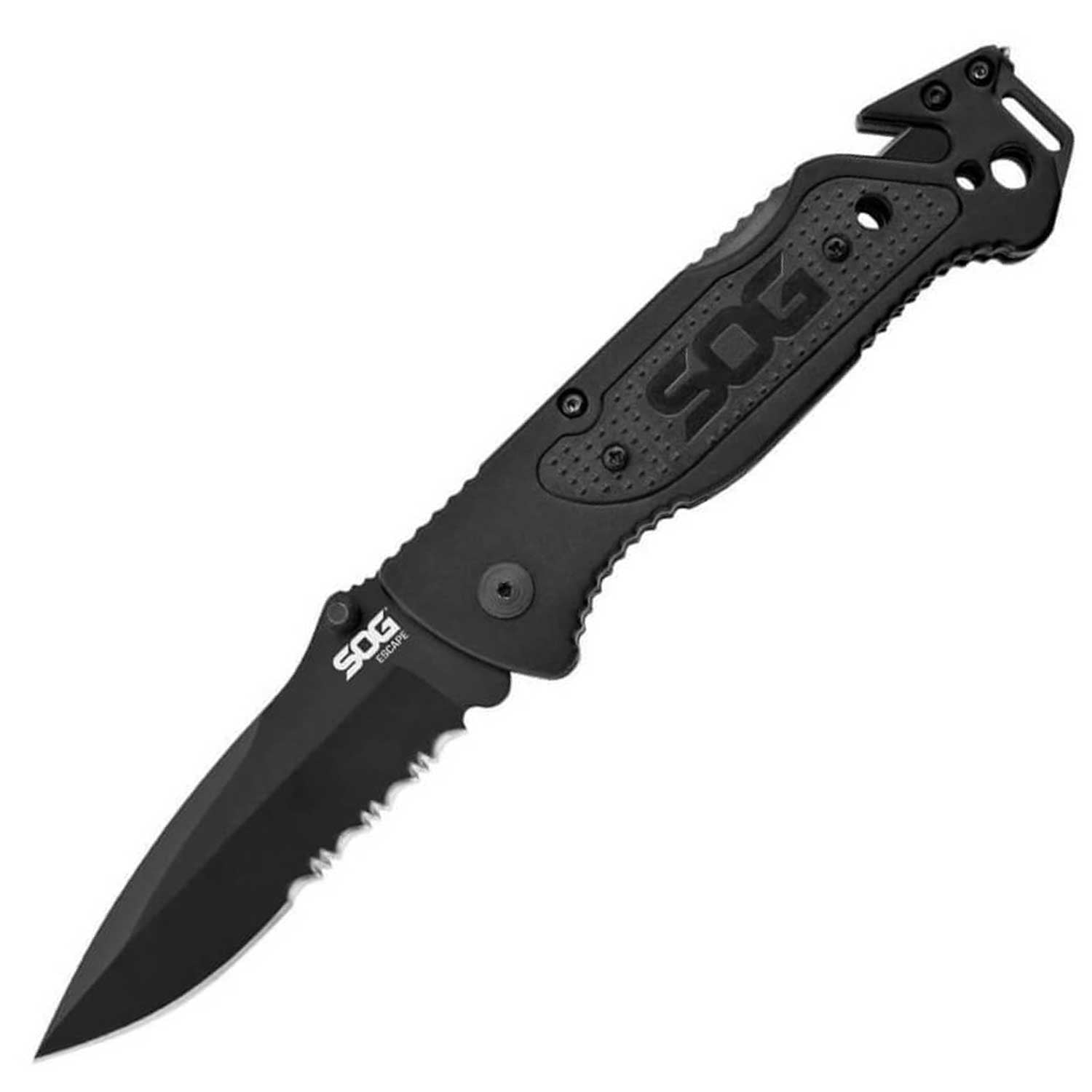SOG Escape Black – Rettungsmesser mit Gurtschneider, Abisolierer und Glasbrecher – Farbvariante schwarz – Detailansicht 1
